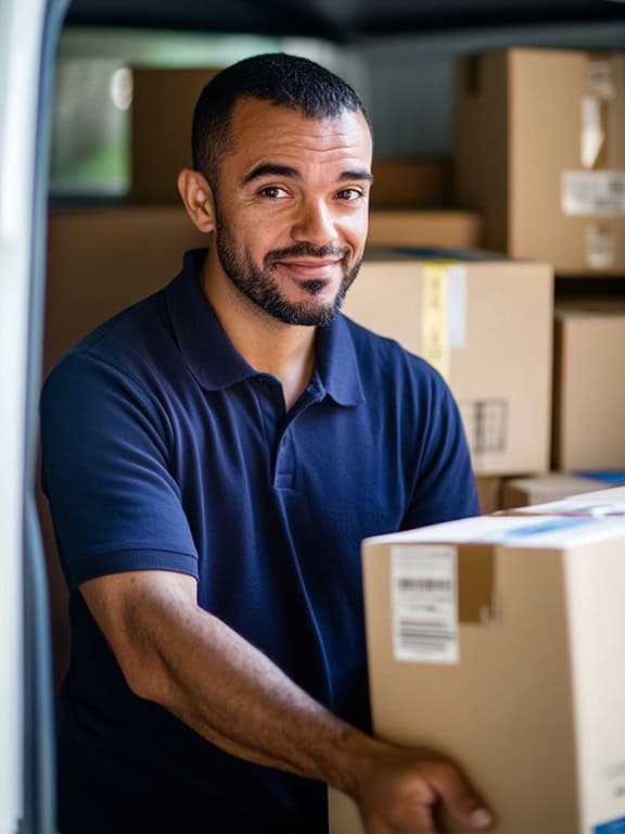 man wearing dark blue polo shirt holding a box