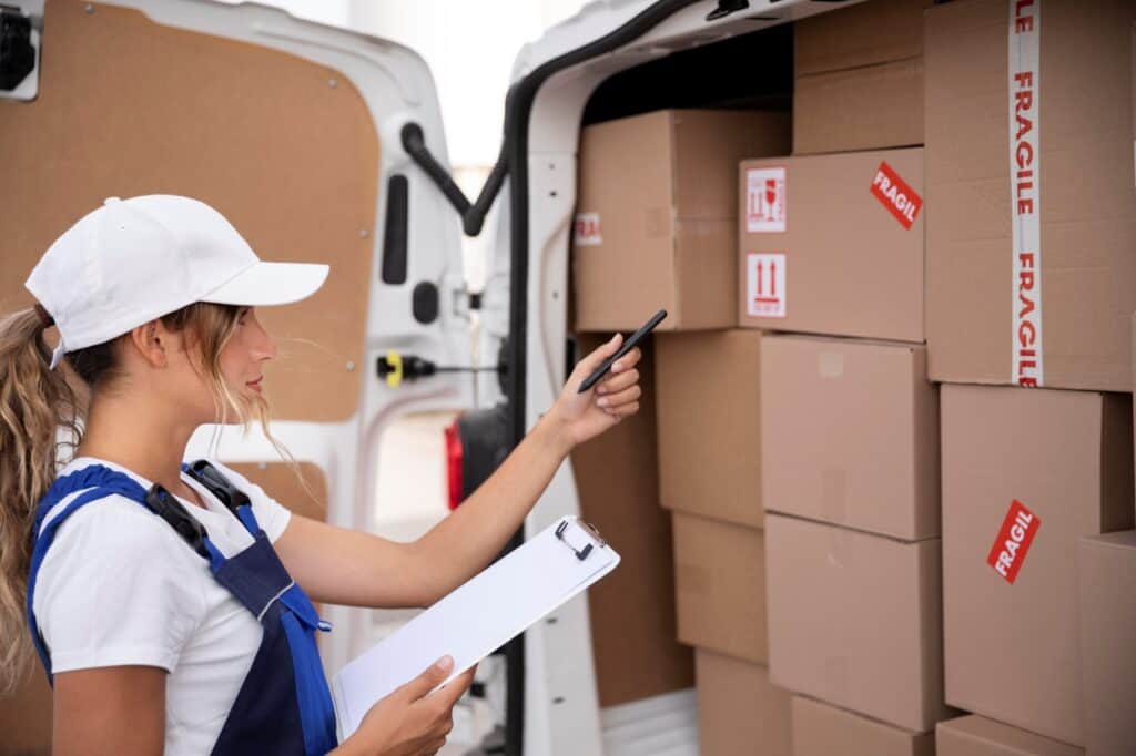 Man and van crew inspecting the stacks of boxes inside the van in the concept of 'how to keep belongings safe when transporting them in a home move to Greenwich'.