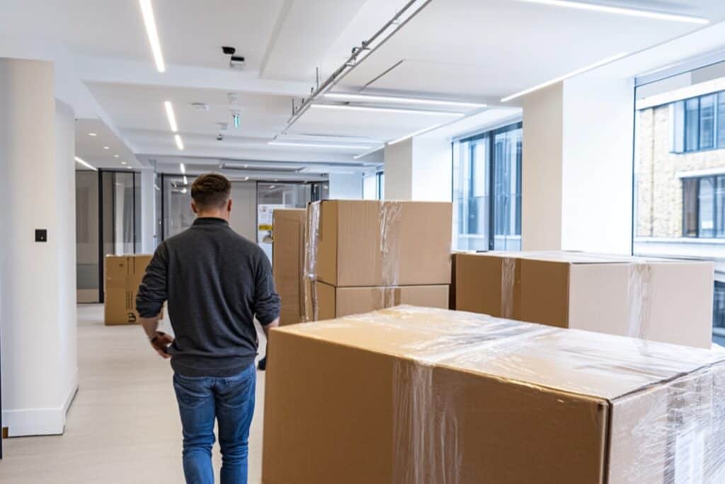 Office removals company during the office move; stacks of moving boxes ready for transport